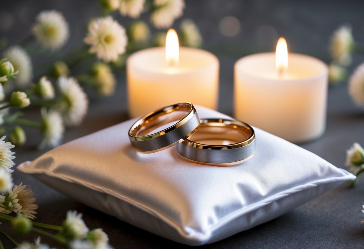 A pair of interlocked wedding bands lies on a white satin pillow, surrounded by delicate flowers and soft candlelight