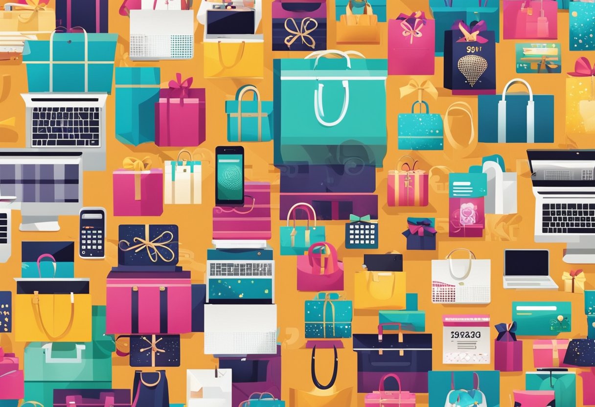 A colorful, vibrant scene with various items such as shopping bags, gift cards, and electronic gadgets, all surrounded by sparkling reward points