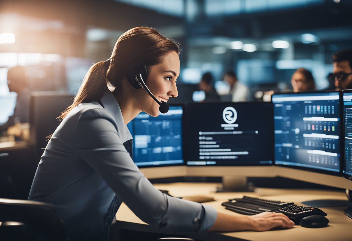 A customer service representative assisting a client over the phone, surrounded by computer screens and a logo for everyday rewards.co.nz