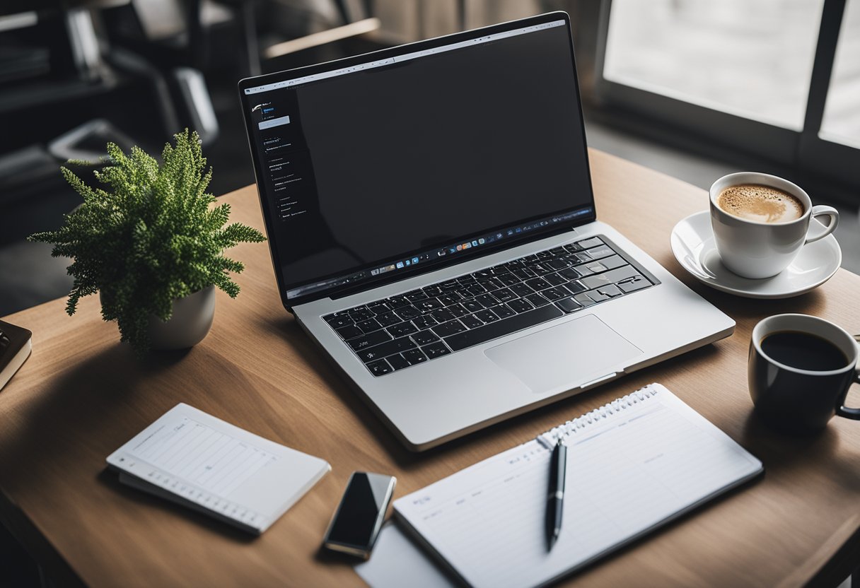 A laptop open on a desk with the Everyday Rewards website displayed, surrounded by a cup of coffee, a pen, and a notepad