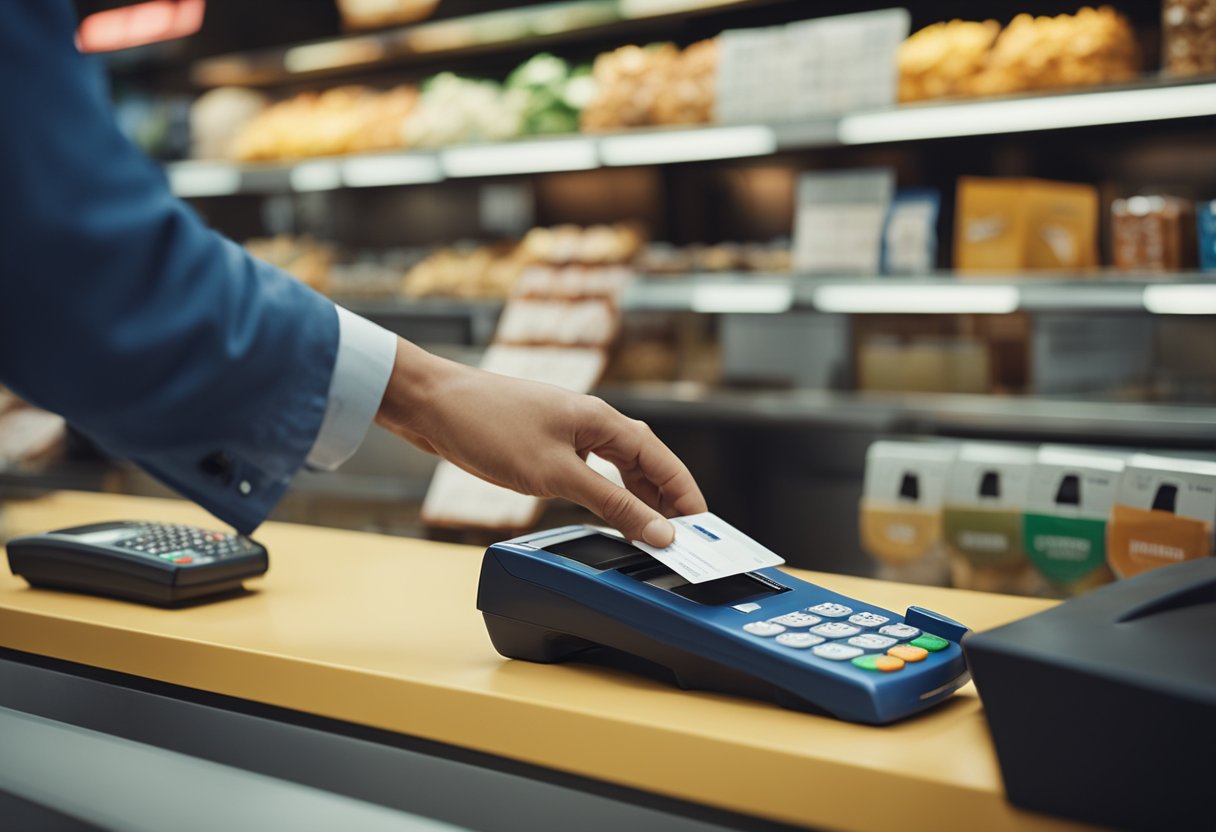 A person swiping a rewards card at a checkout counter