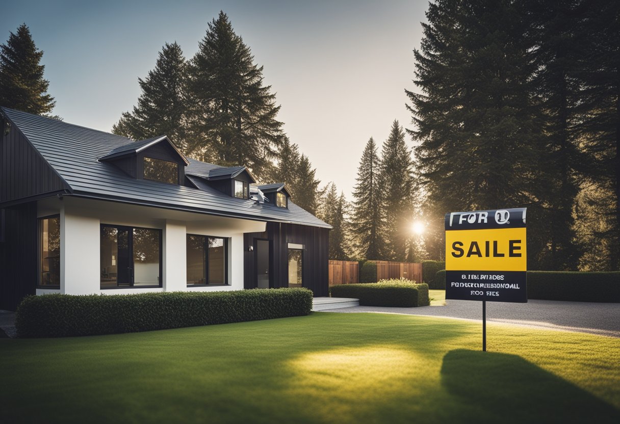 A modern house with a large front yard and a "For Sale" sign in the front yard