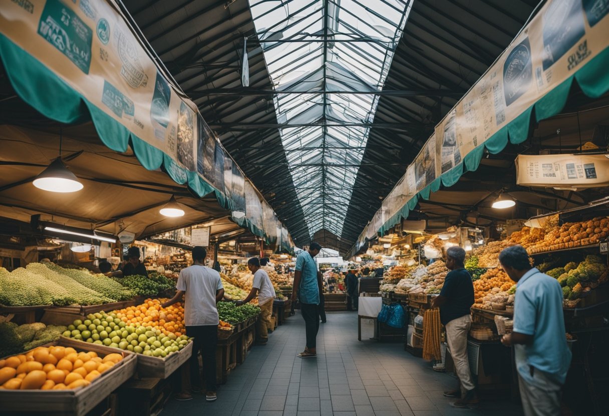 A bustling market with colorful stalls and diverse products under a large roof