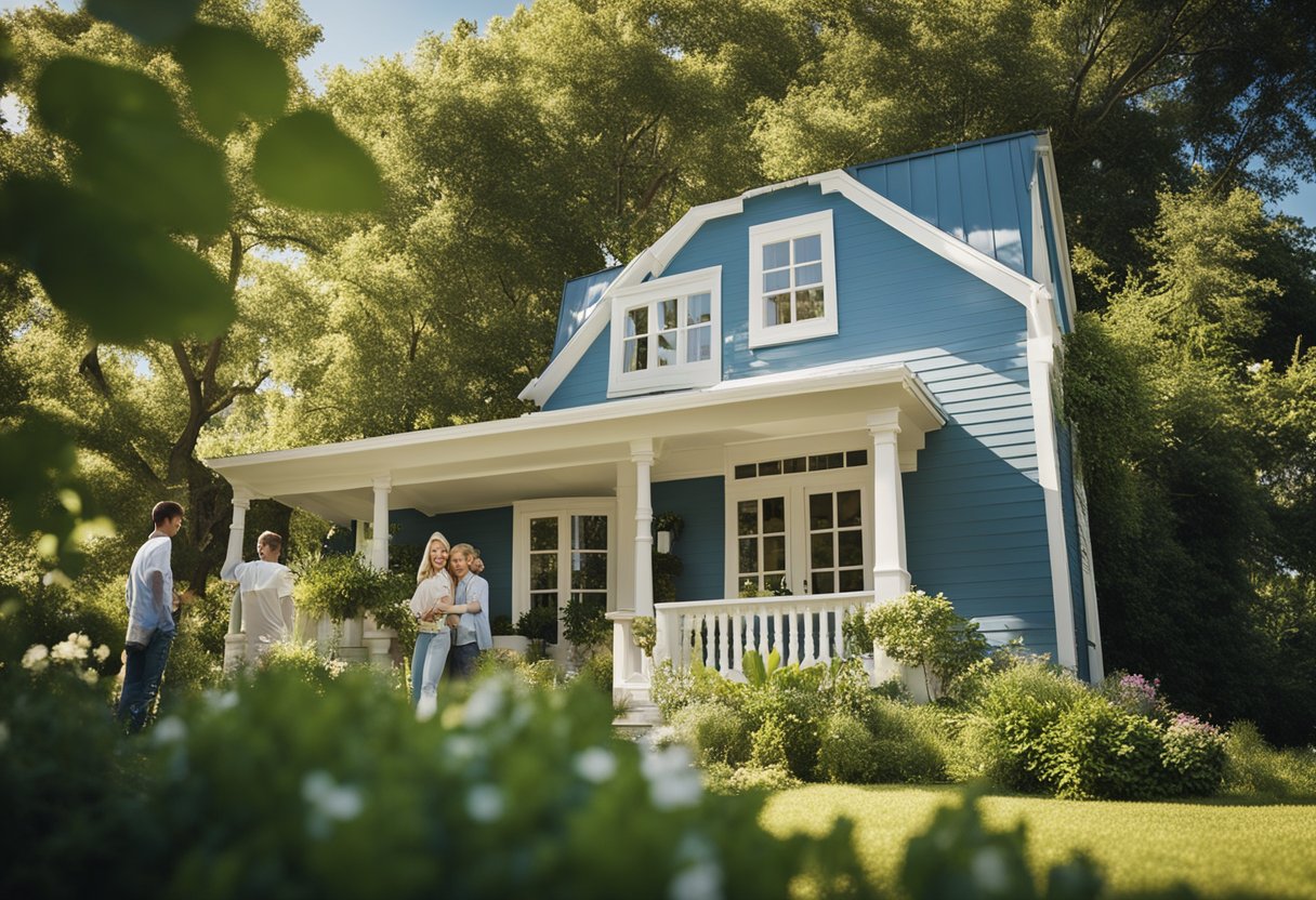 A family stands outside a charming house, surrounded by greenery and a clear blue sky. A "For Sale" sign is planted in the front yard