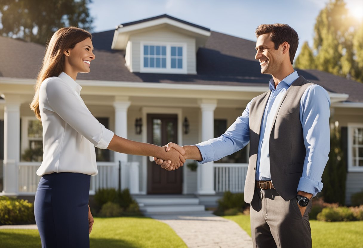 A real estate agent shaking hands with a satisfied client in front of a sold property, with a "SOLD" sign in the yard