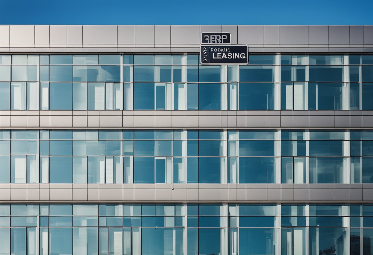 A modern office building with "Renting and Leasing" sign on the top. Clear blue sky in the background