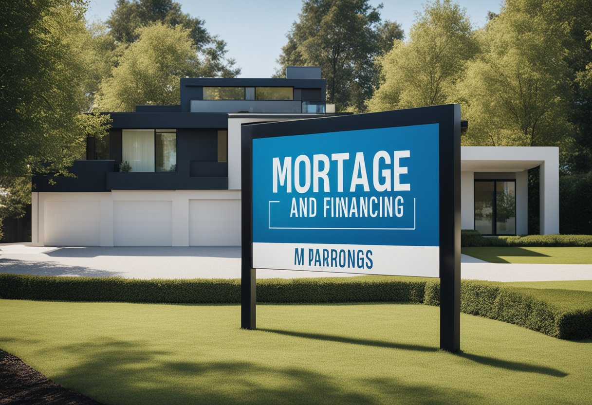 A modern house with a "Mortgage and Financing" sign, surrounded by trees and a clear blue sky