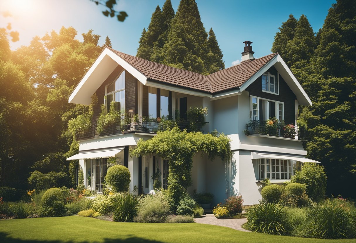 A sunny suburban house with a newly installed roof, surrounded by lush greenery and a clear blue sky