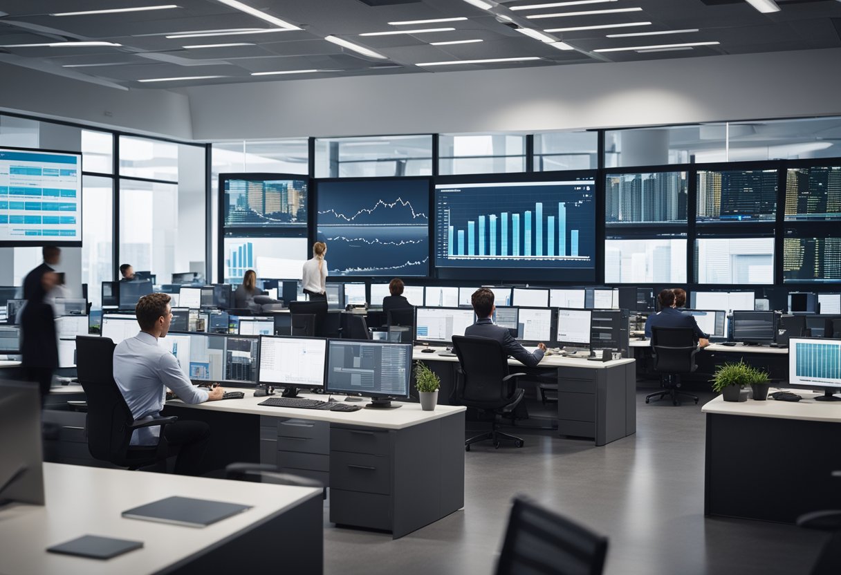 A bustling office with people at their desks, reading industry news on a large screen. Posters of updates and charts adorn the walls