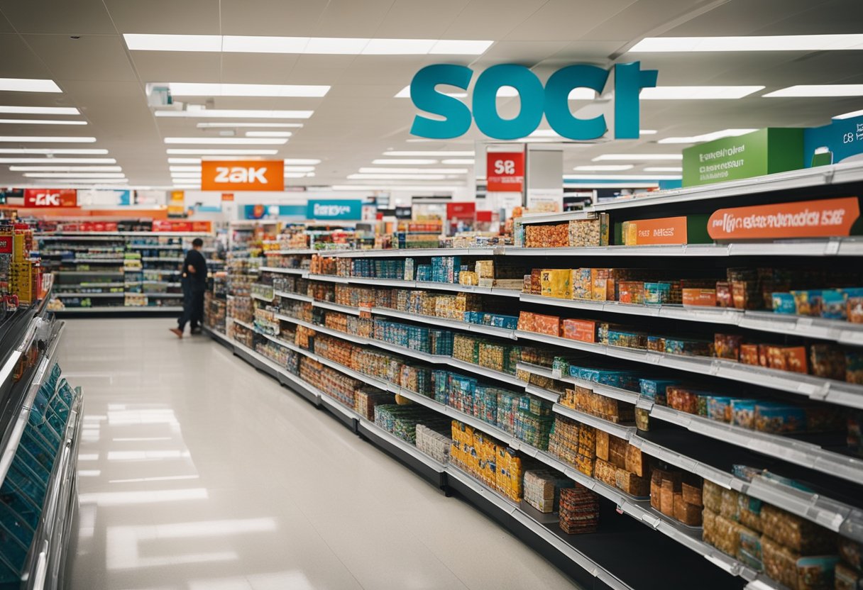 A bustling Kmart store in New Zealand, with shelves stocked full of colorful products and customers browsing through the aisles