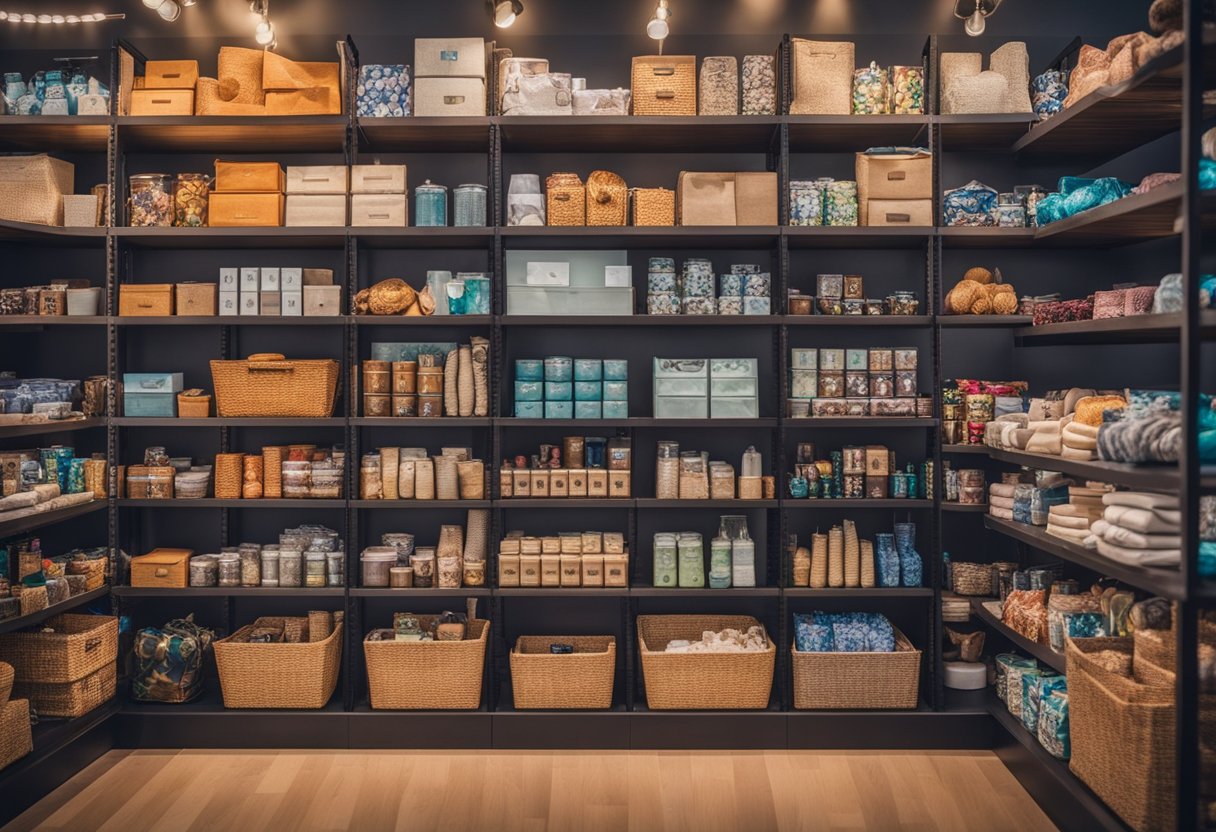 A colorful display of various products arranged in different categories, such as home goods, clothing, electronics, and toys, in a well-lit and organized retail setting