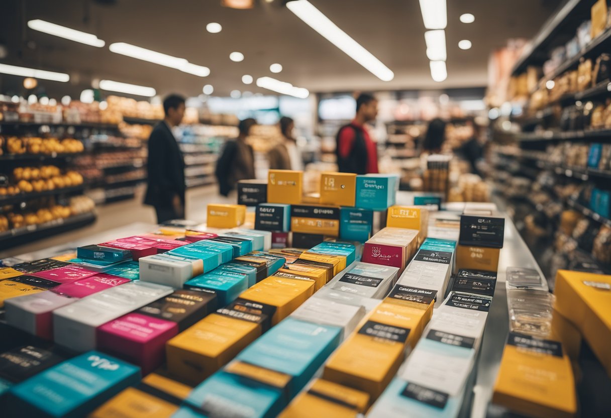 A colorful display of products with price tags and value signs, surrounded by happy customers browsing in a well-lit and organized store