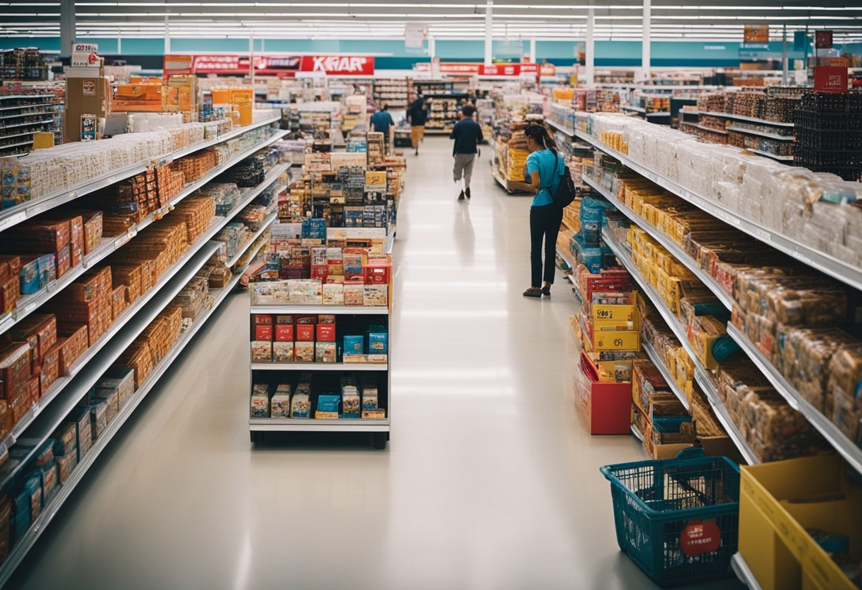 A busy kmart store with bright lighting, aisles of merchandise, and customers browsing