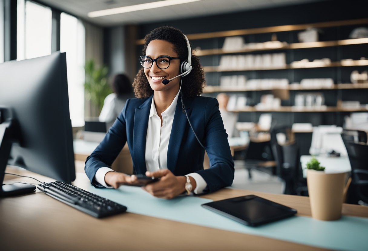 A customer service representative assisting a customer with a query via phone or chat. The representative is friendly and helpful, and the customer looks satisfied with the interaction