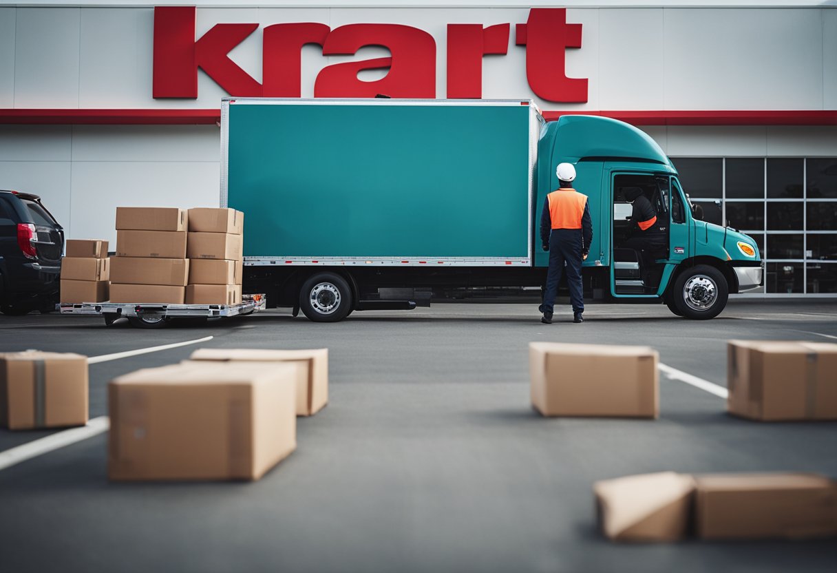 A delivery truck parked outside a Kmart store, with packages being unloaded onto a dolly. A delivery driver wearing a uniform is overseeing the process