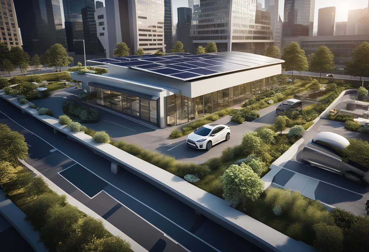 A bustling cityscape with a modern office building featuring solar panels and a rooftop garden. A recycling station and electric car charging station are visible in the foreground