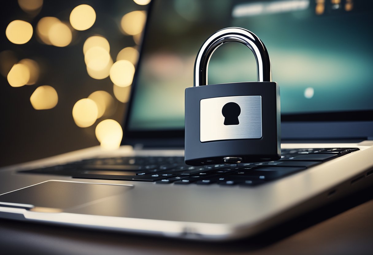 A padlock with a shield icon hovers over a computer screen, while a digital key hovers nearby