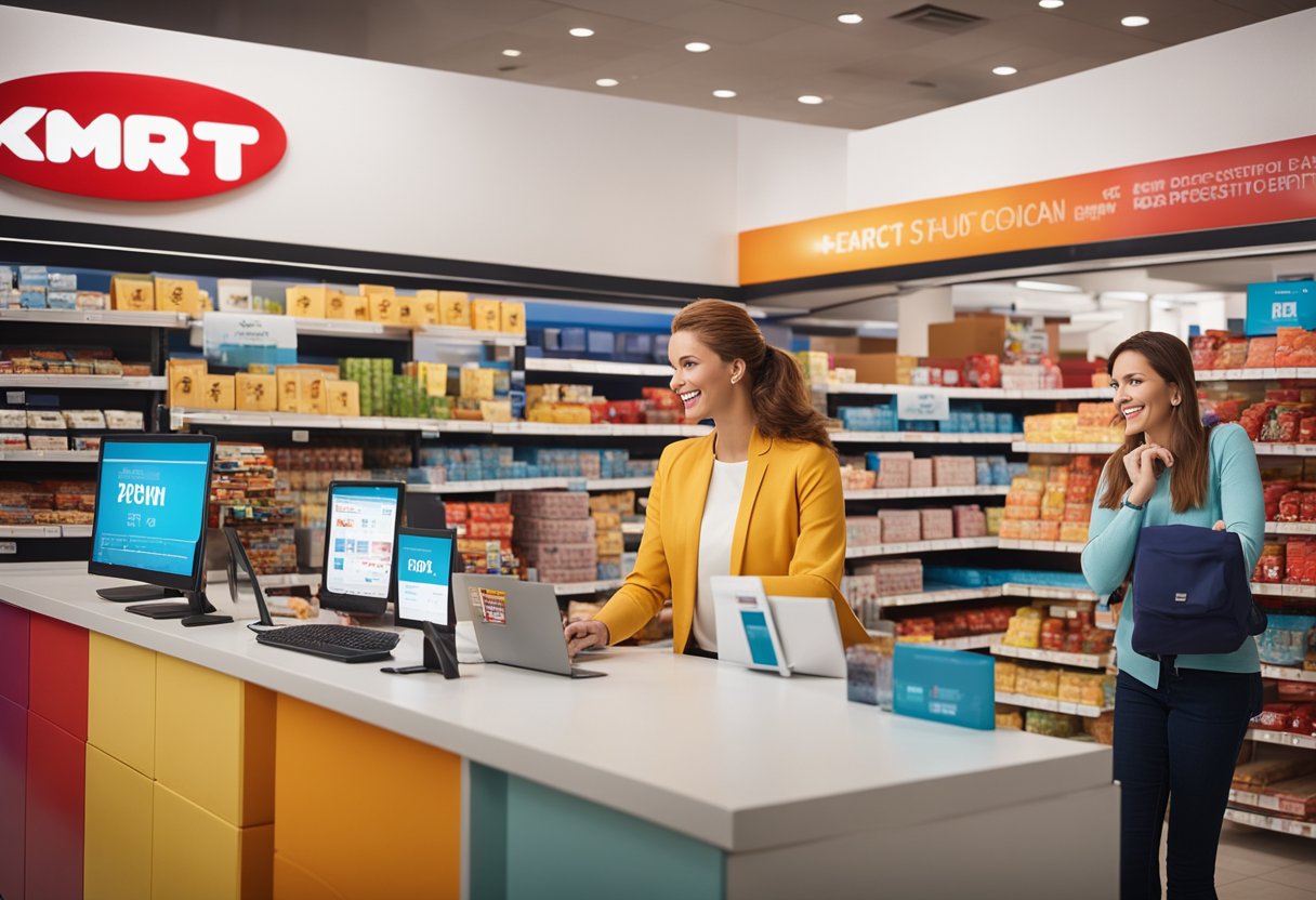 A colorful display of products with Kmart branding, surrounded by question marks and a customer service representative assisting a customer