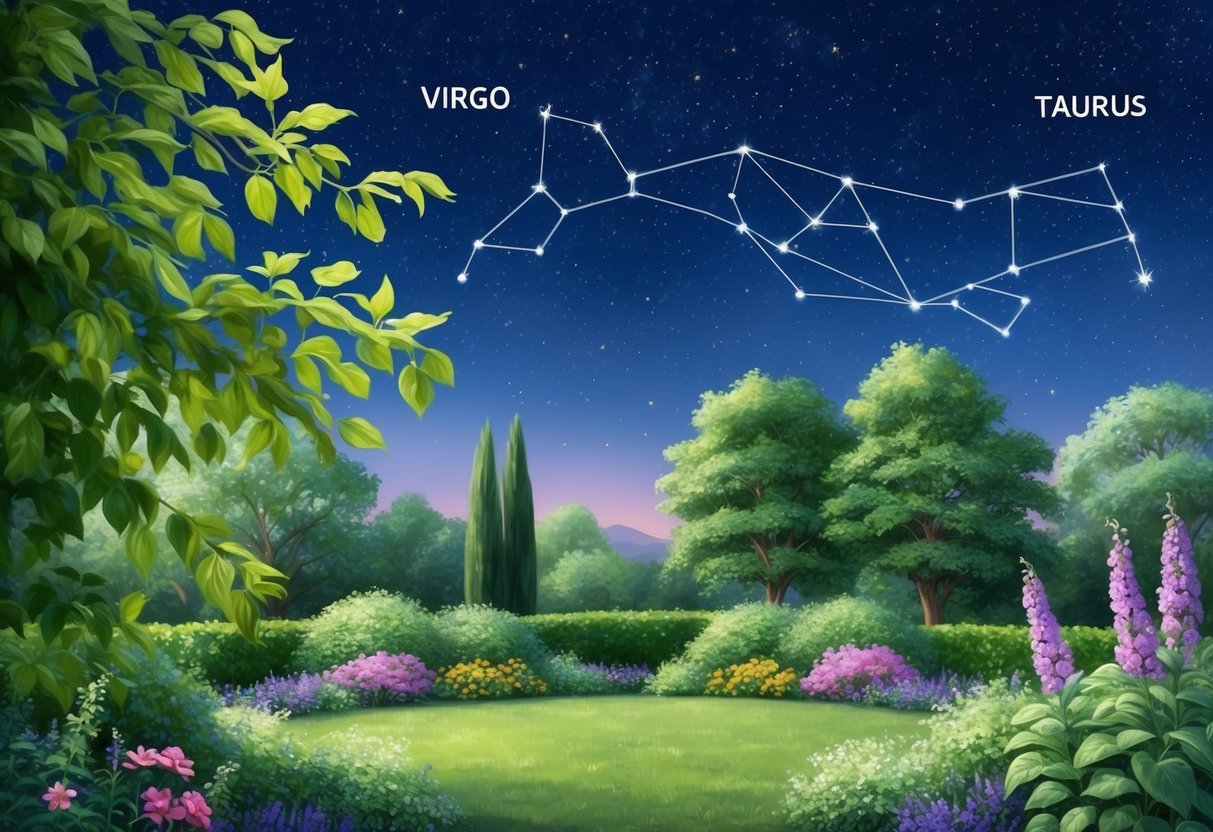 A serene garden with lush greenery and blooming flowers under a starry night sky. A gentle breeze rustles the leaves as the constellations of Virgo and Taurus shine brightly above