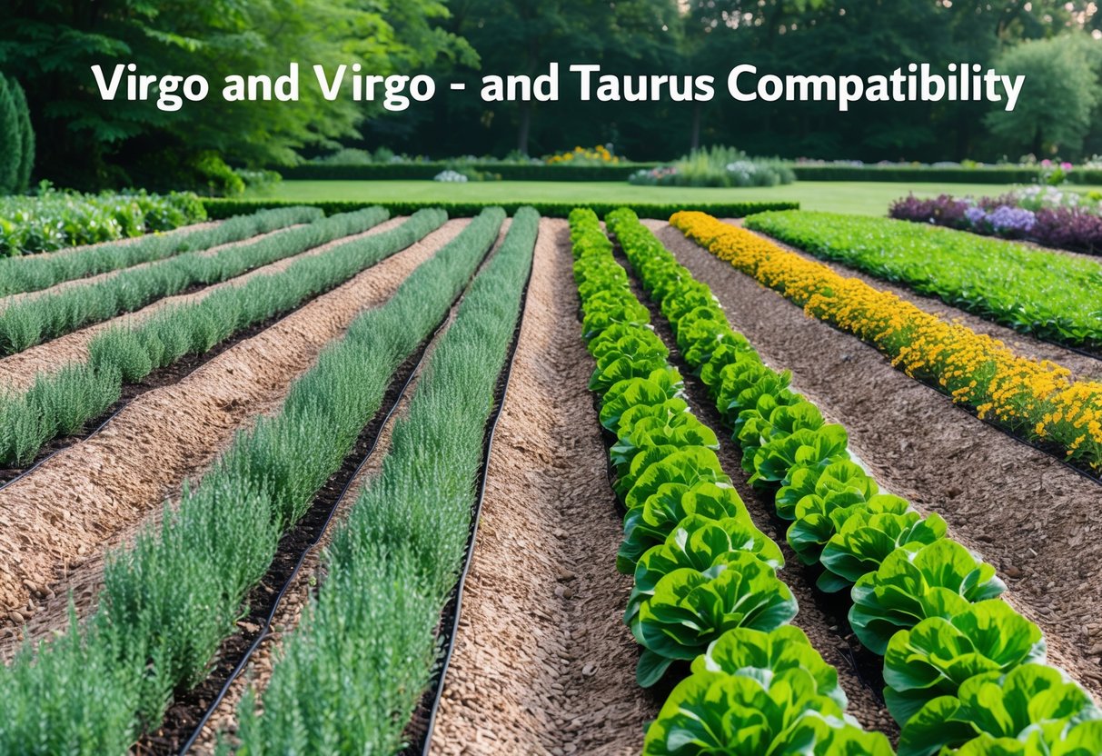 A serene garden with organized rows of plants, representing the practical and earthy nature of Virgo and Taurus compatibility