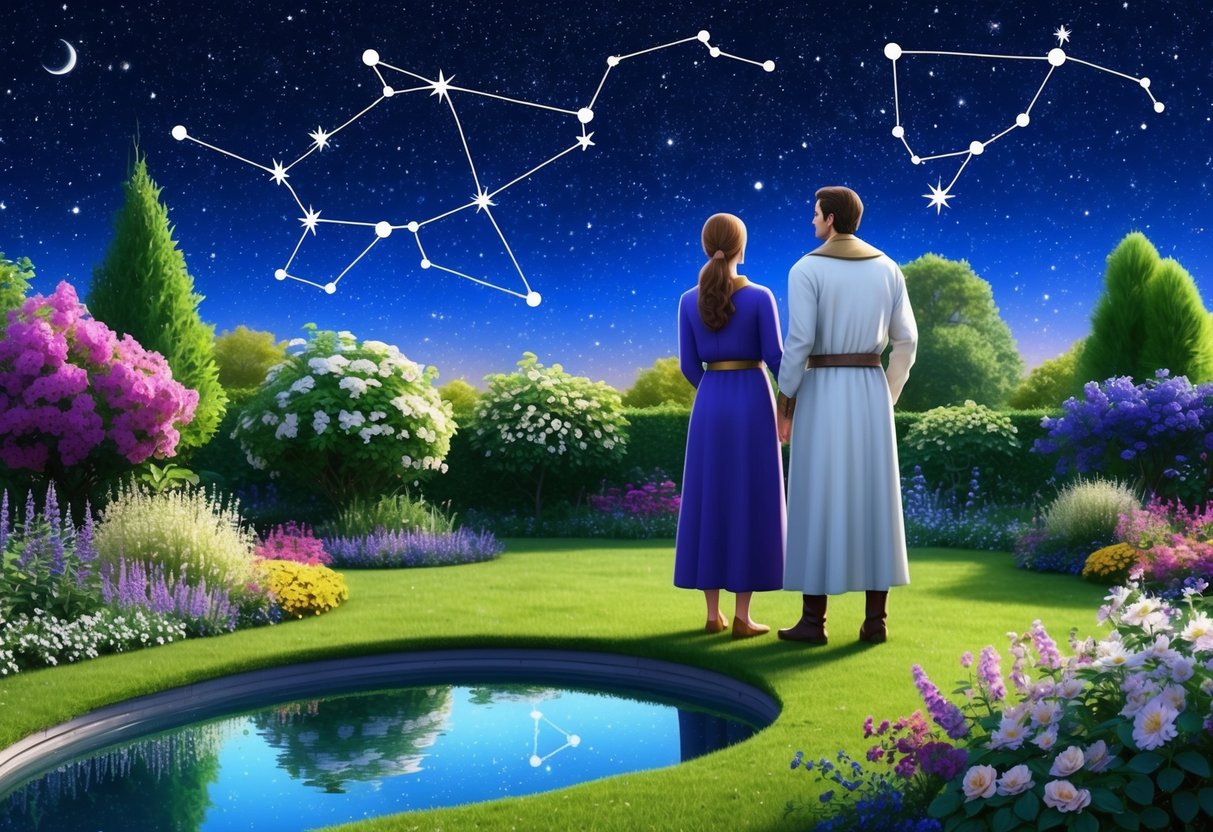 A lush garden with blooming flowers and a serene pond, under a starry night sky. Two figures, one representing Virgo and the other Taurus, stand together, gazing at the constellations