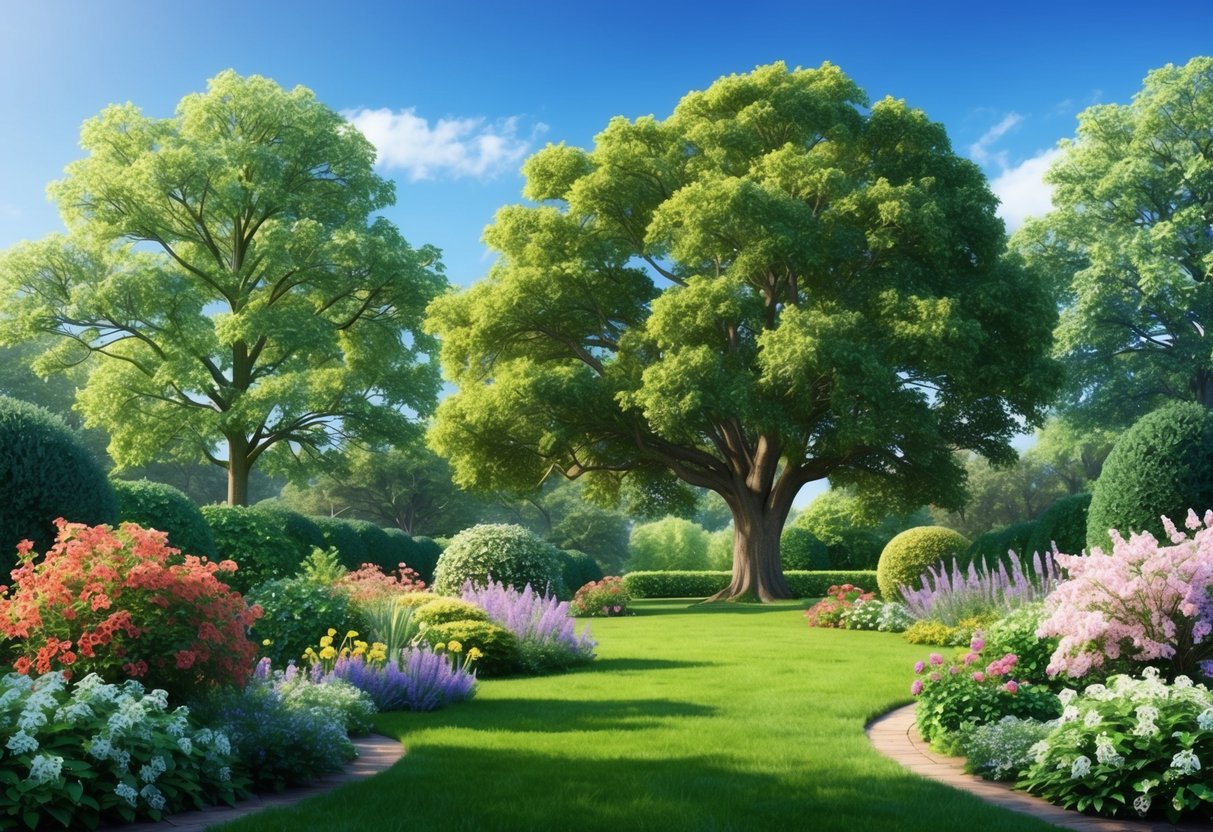 A lush garden with blooming flowers and a sturdy oak tree, symbolizing stability and practicality, under a clear blue sky