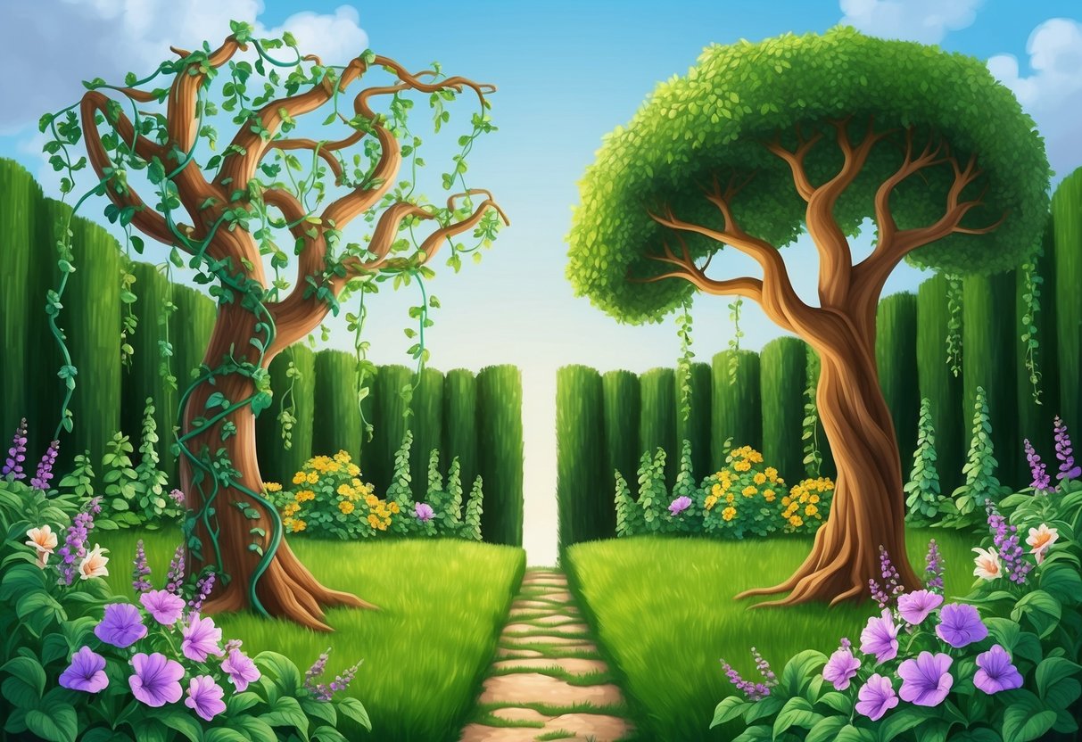 A lush garden with intertwining vines, blooming flowers, and two distinct trees reaching towards each other, symbolizing the challenges and growth opportunities in the compatibility between Virgo and Taurus