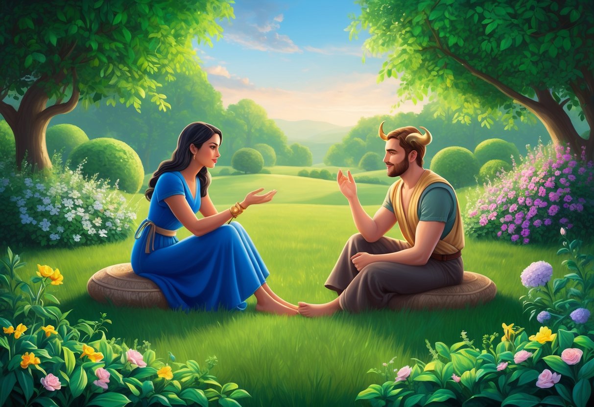 A serene garden with a lush green landscape, where a Virgo and Taurus are engaged in deep conversation, surrounded by blooming flowers and harmonious energy