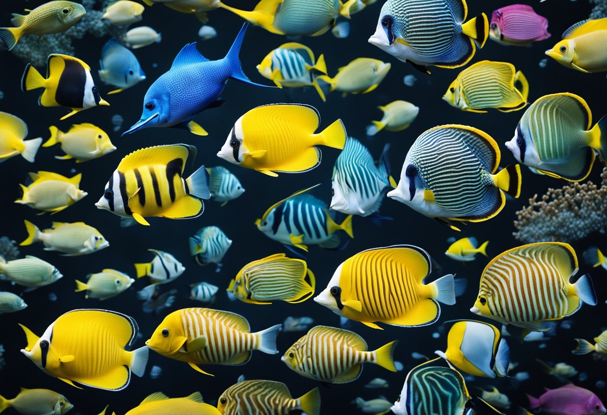 A vibrant underwater scene with colorful marine life and a variety of nautical equipment such as fishing gear, diving equipment, and boat accessories