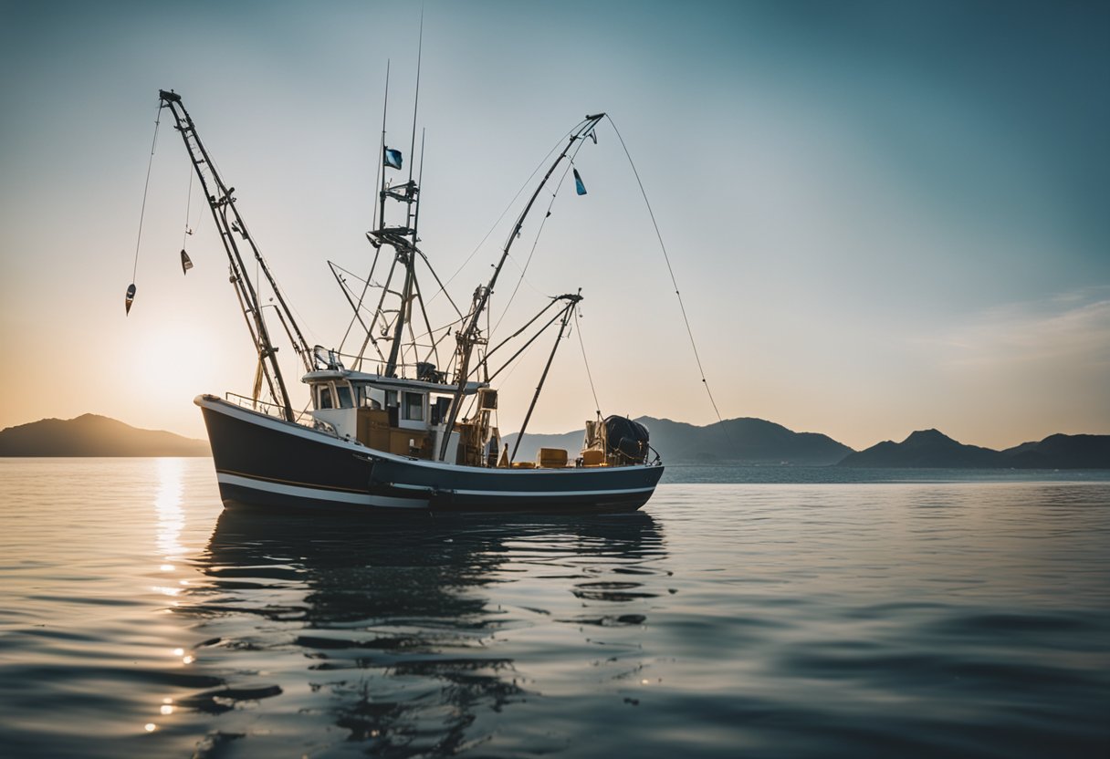 A fishing boat sailing on calm waters, surrounded by marine equipment and supplies