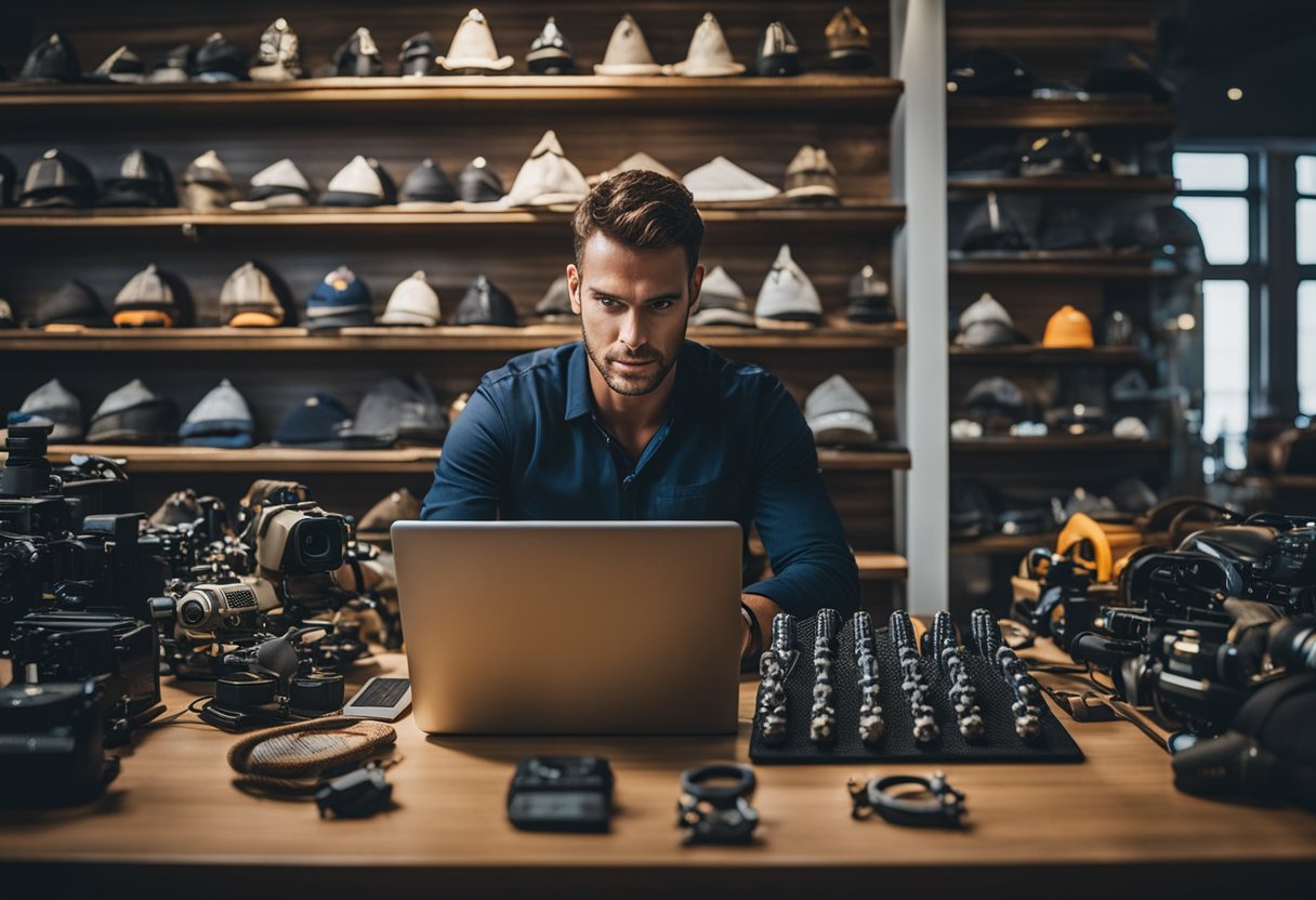 A customer browsing marine products online, surrounded by nautical gear and equipment