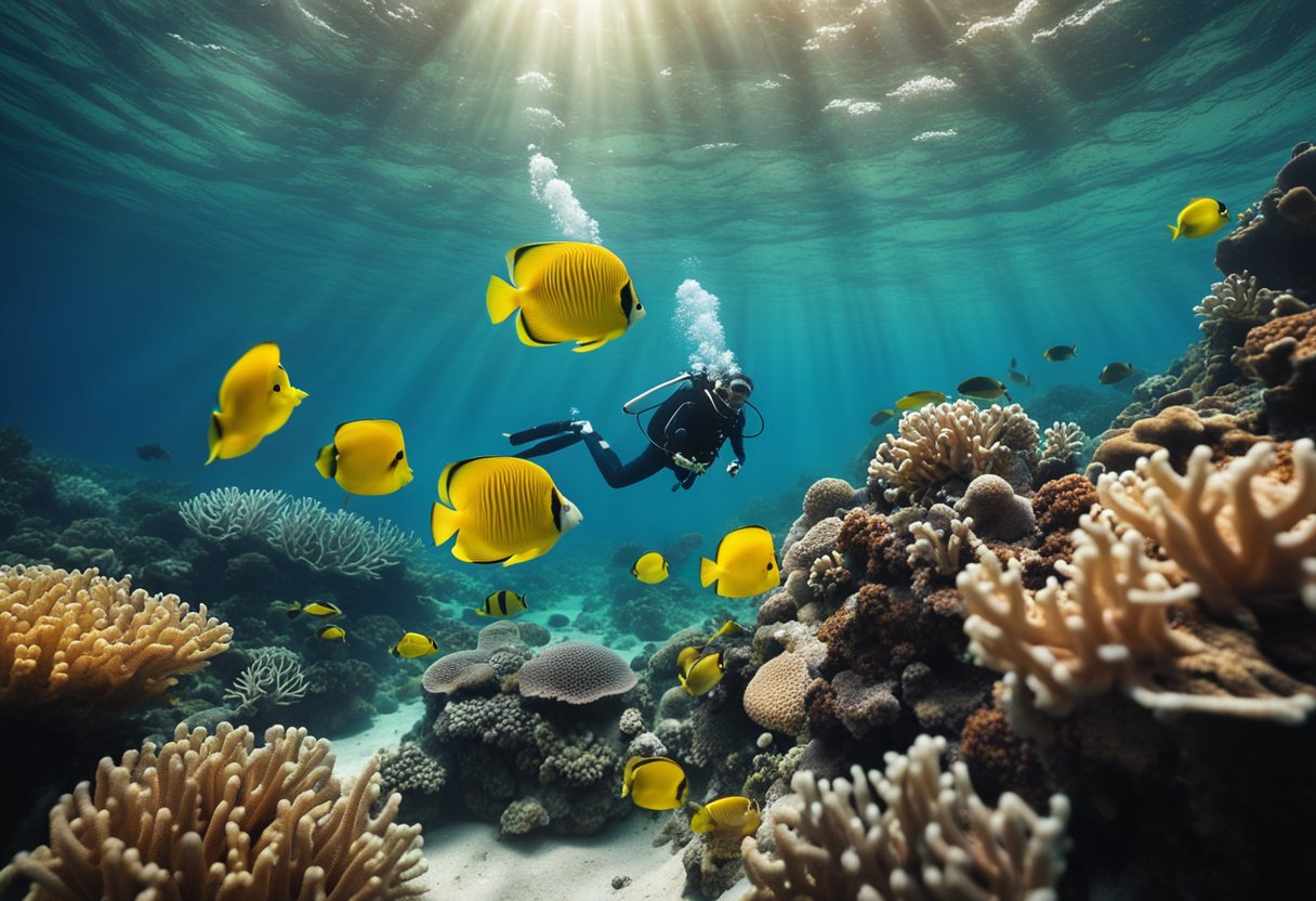 A colorful underwater scene with various marine creatures, coral, and a diver exploring the ocean floor