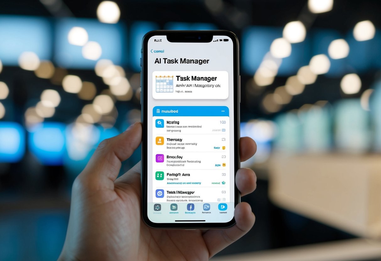 An AI task manager app on a smartphone screen with a calendar, tasks, and reminders displayed