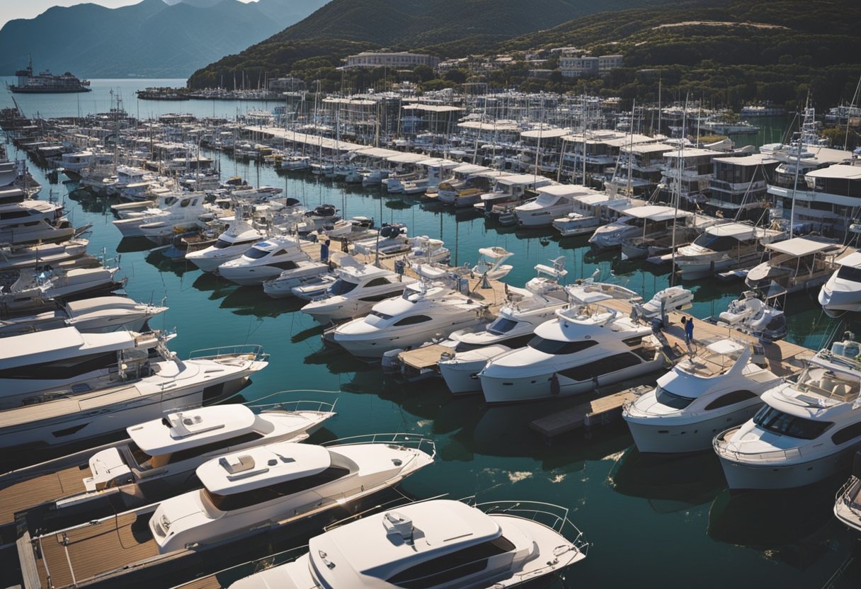 A bustling marina with boats, yachts, and fishing gear. People loading and unloading supplies. A dockside store with marine supplies and equipment