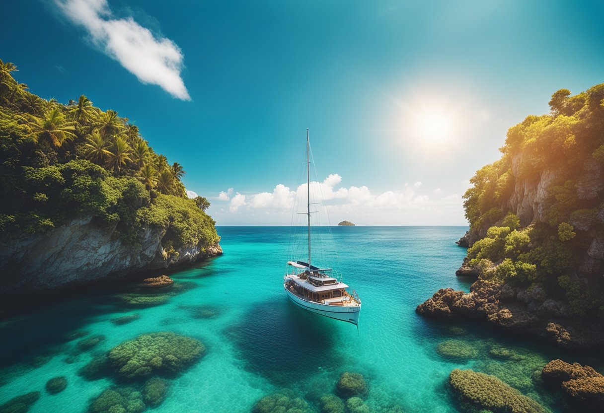 A vibrant ocean scene with a boat sailing under a clear blue sky, surrounded by marine life and colorful coral reefs