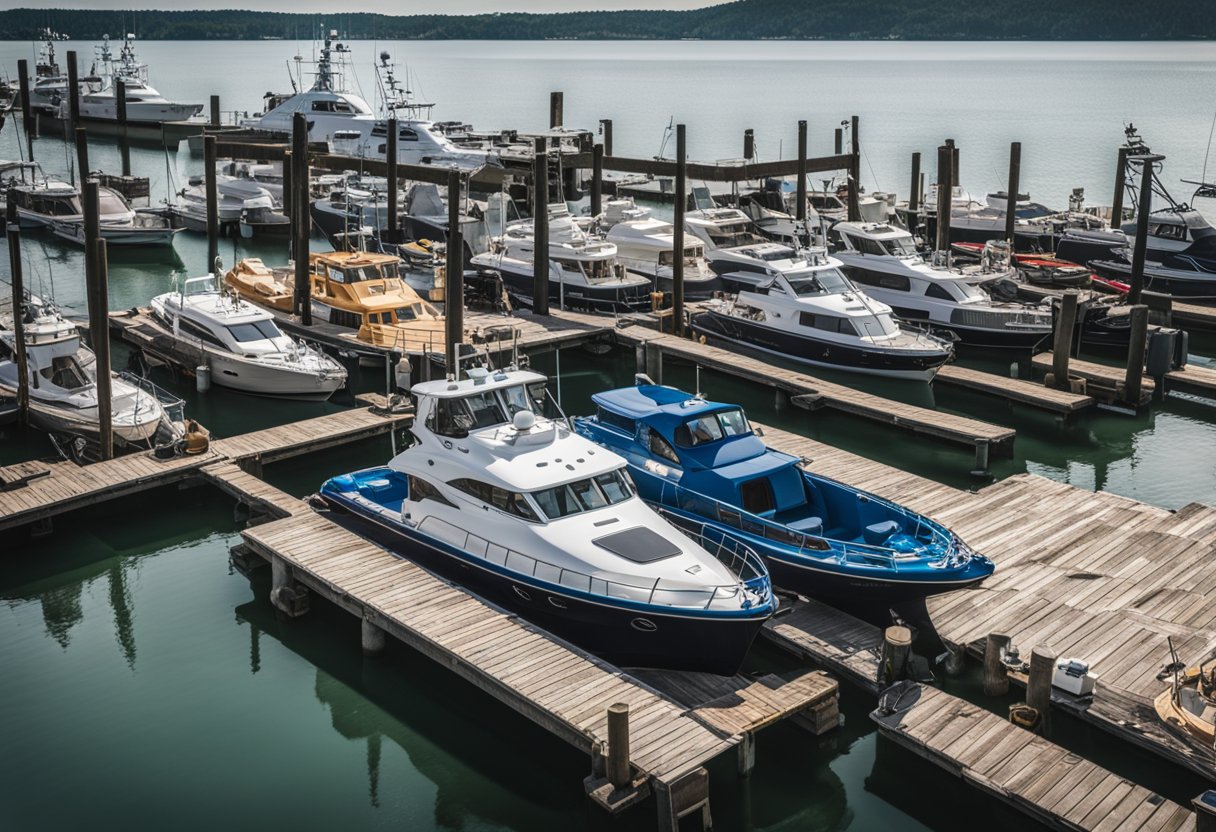 A group of boats and marine equipment displayed on a dock, with logos of various partnership and affiliation companies visible