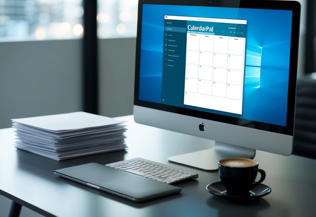 A sleek, modern desk with a computer screen displaying the CalendarPal AI Task Manager. A cup of coffee sits next to a neatly organized stack of papers