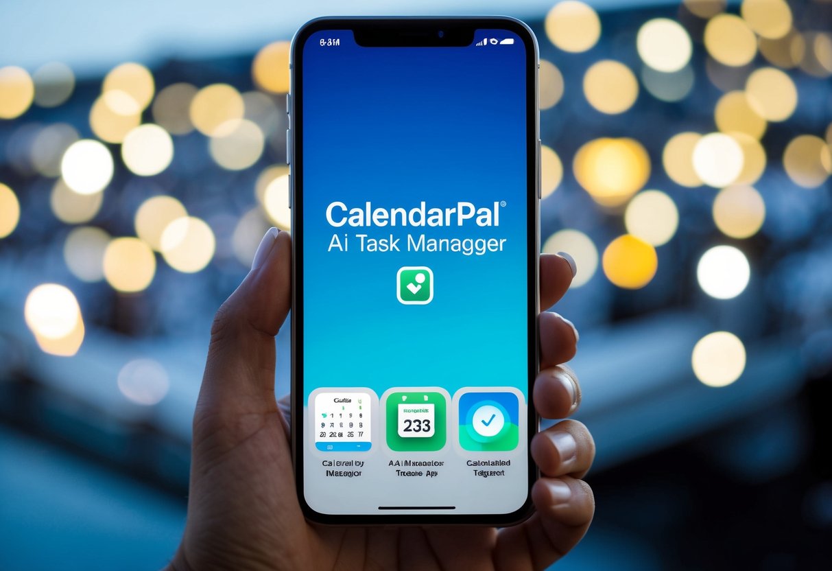 A sleek, modern smartphone displaying the CalendarPal AI task manager app with customizable features and a clean, user-friendly interface