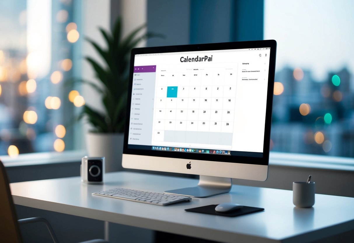 A modern, minimalist desk with a computer displaying the CalendarPal AI Task Manager interface. A sleek, user-friendly design with intuitive navigation