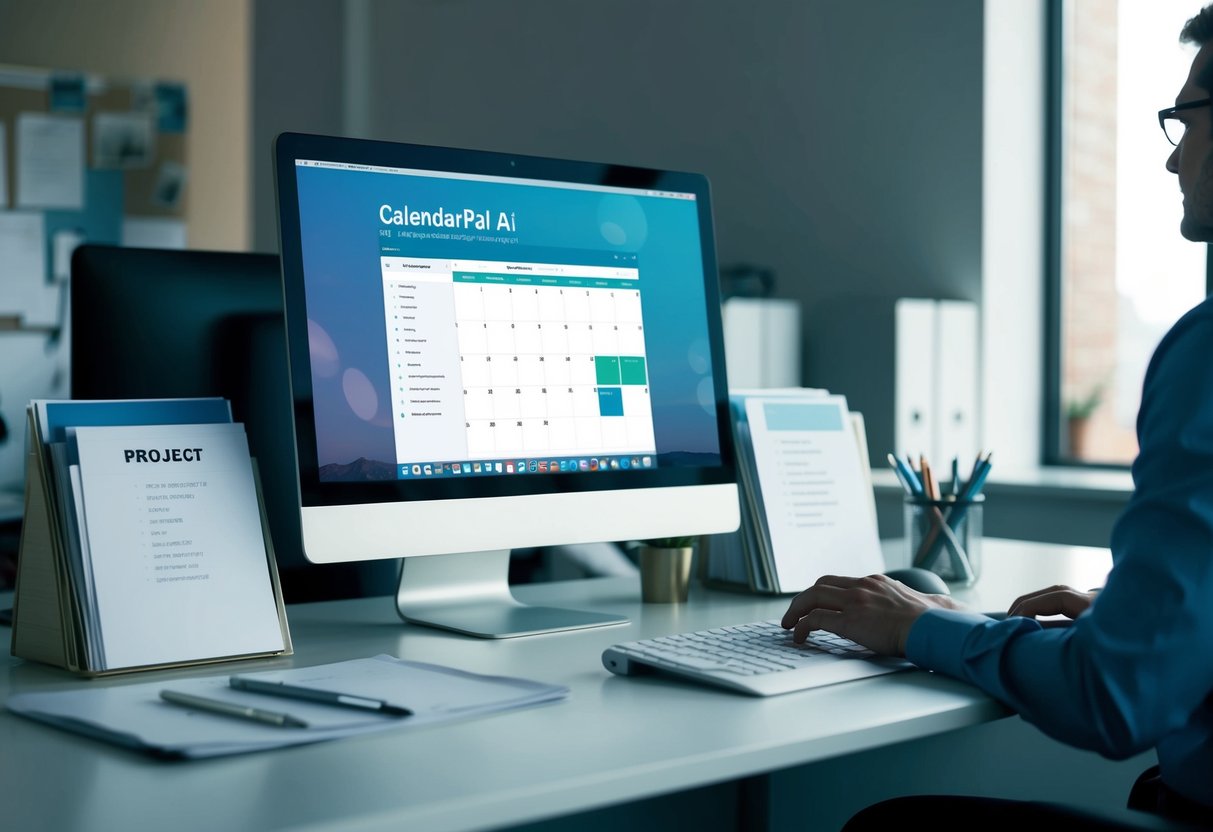 A sleek, modern office desk with a computer displaying the CalendarPal AI Task Manager software, surrounded by organized project and task management materials