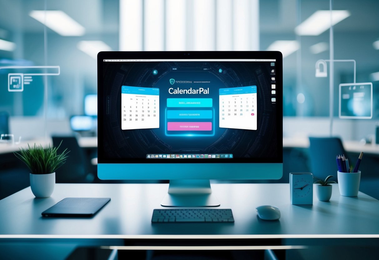 A futuristic office desk with a computer displaying the CalendarPal AI Task Manager, surrounded by a secure and private workspace