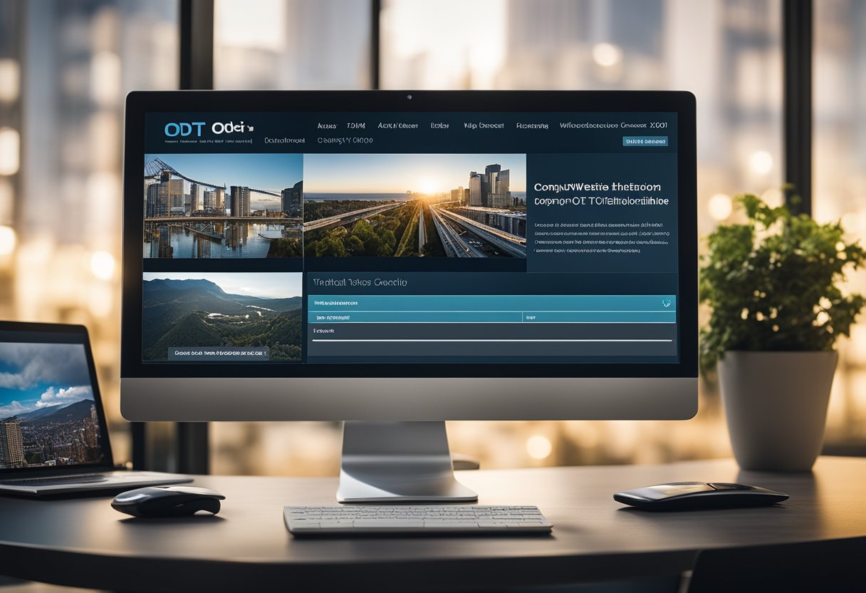 A computer screen displaying the ODT website with a timeline of historical events and an overview of the company's services