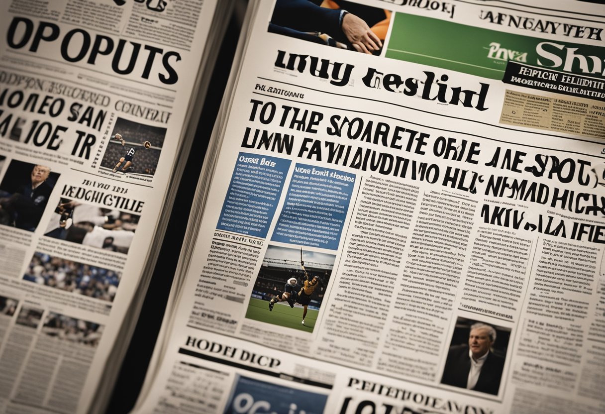 A newspaper open to the sports section with various articles and images