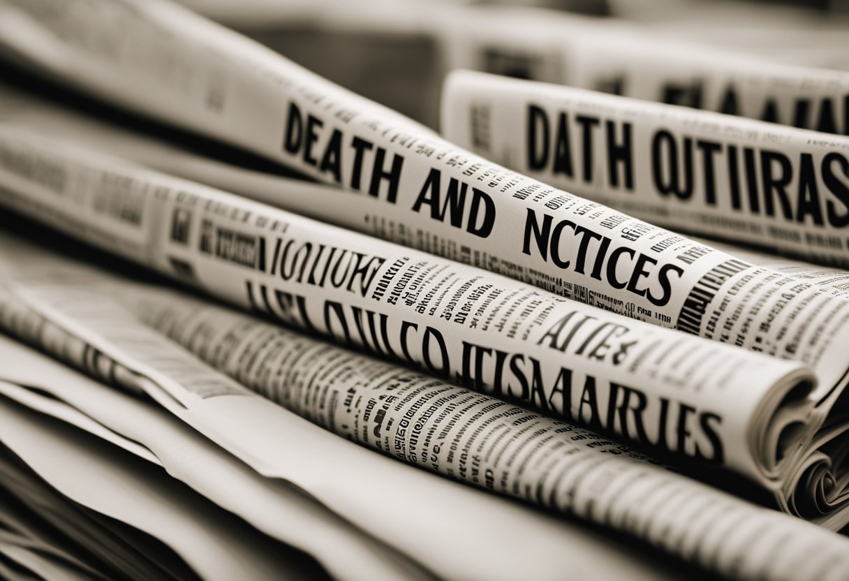 A stack of newspapers with the headline "Death Notices and Obituaries" prominently displayed