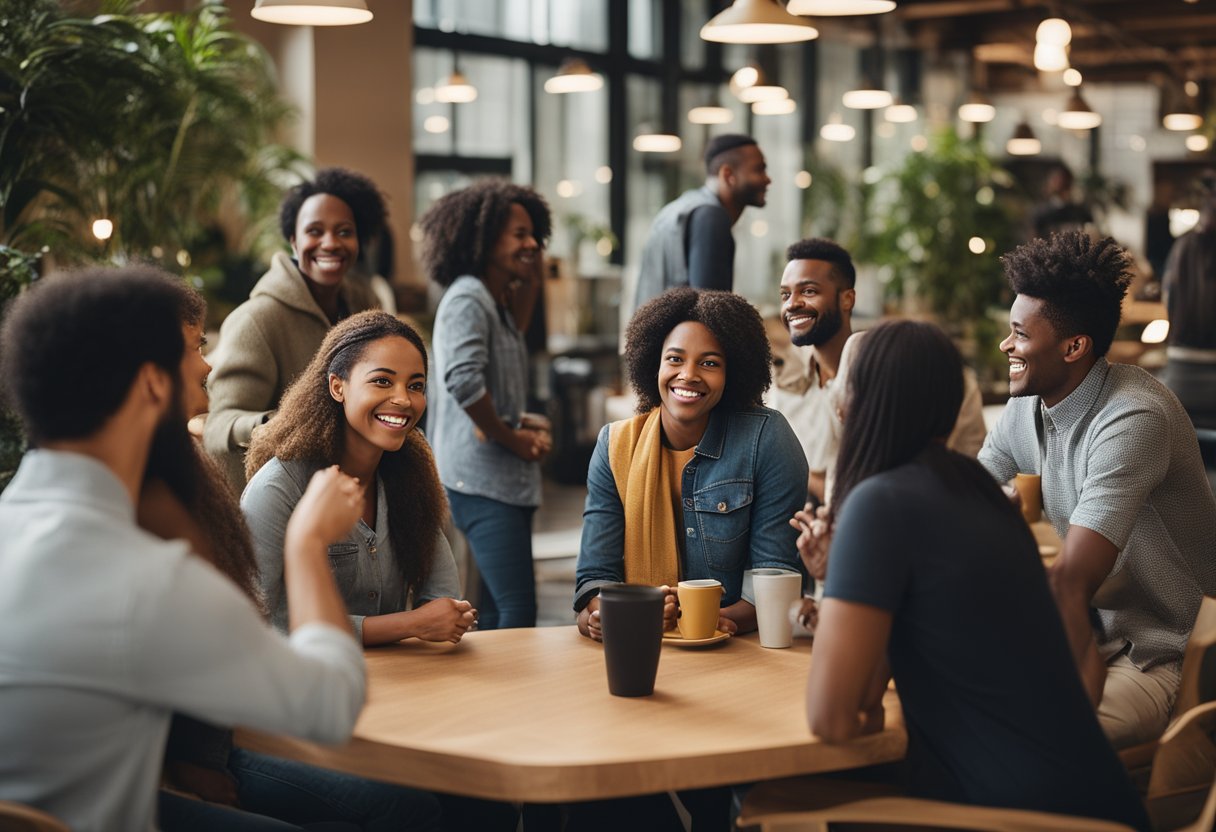 A group of diverse individuals engaging in conversation and interaction within a vibrant and welcoming community space