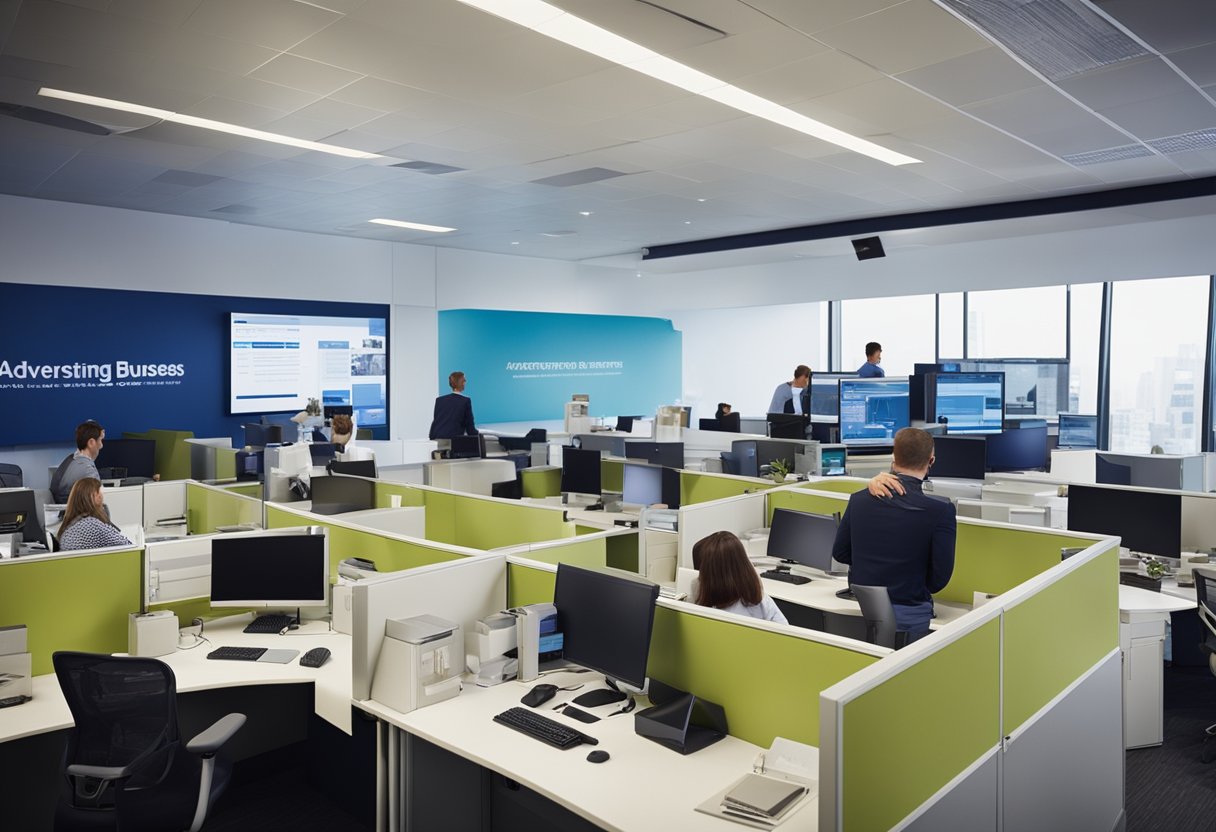 A bustling office with people working at desks, computers, and phones. A large sign with "Advertising and Business Services odt co nz" displayed prominently