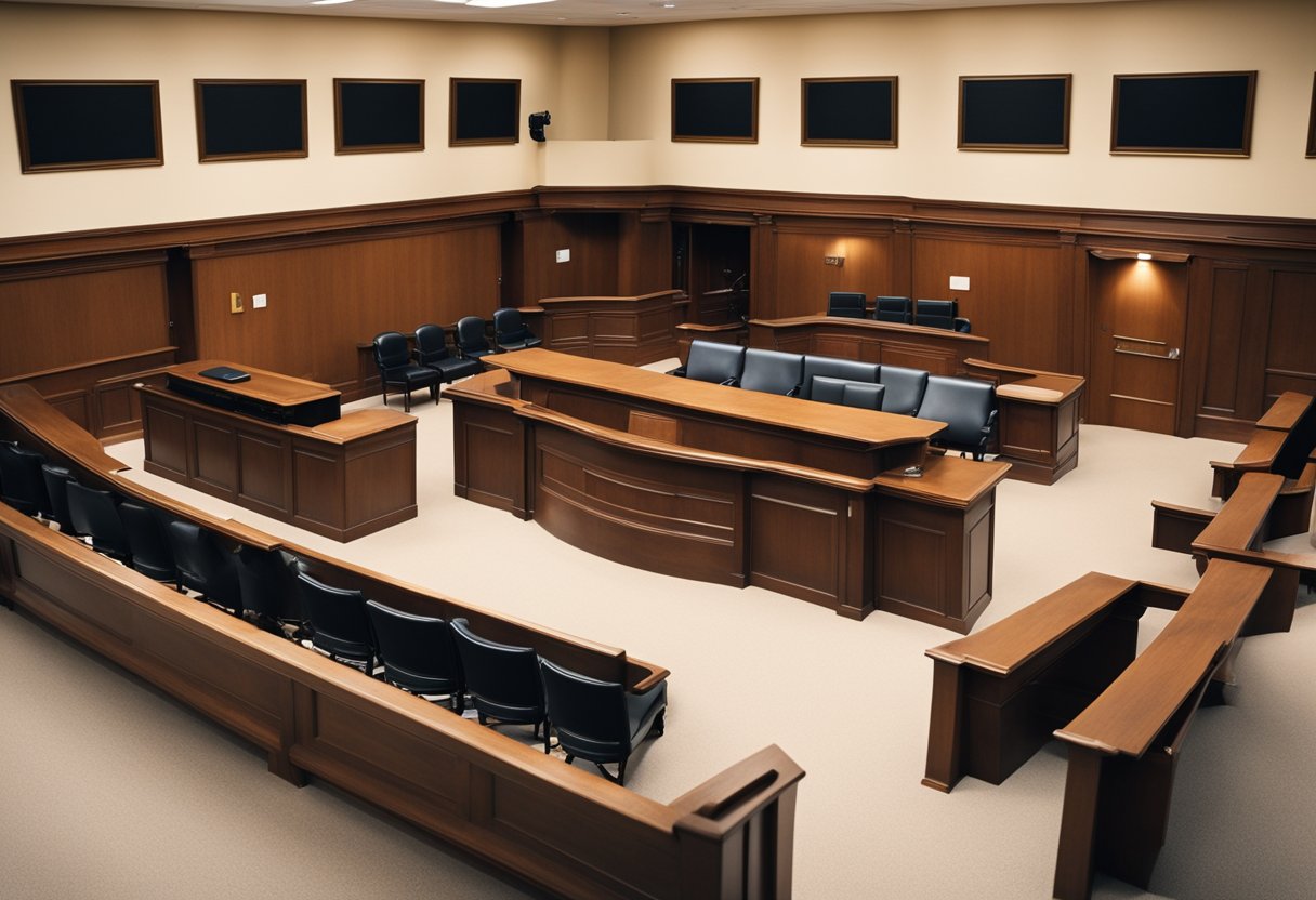 A courtroom with a judge's bench, witness stand, and gallery of spectators