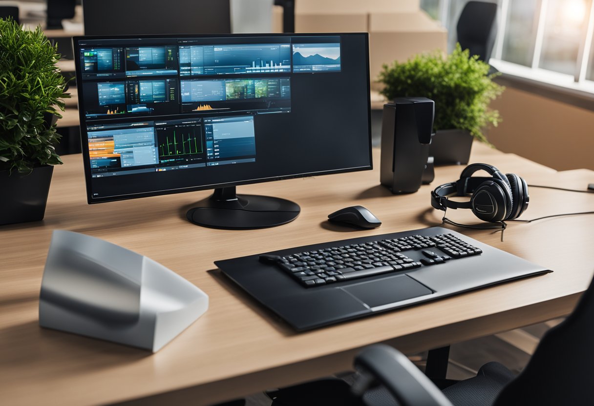 A modern office desk with a computer, phone, and headset. A customer support logo is visible on the computer screen