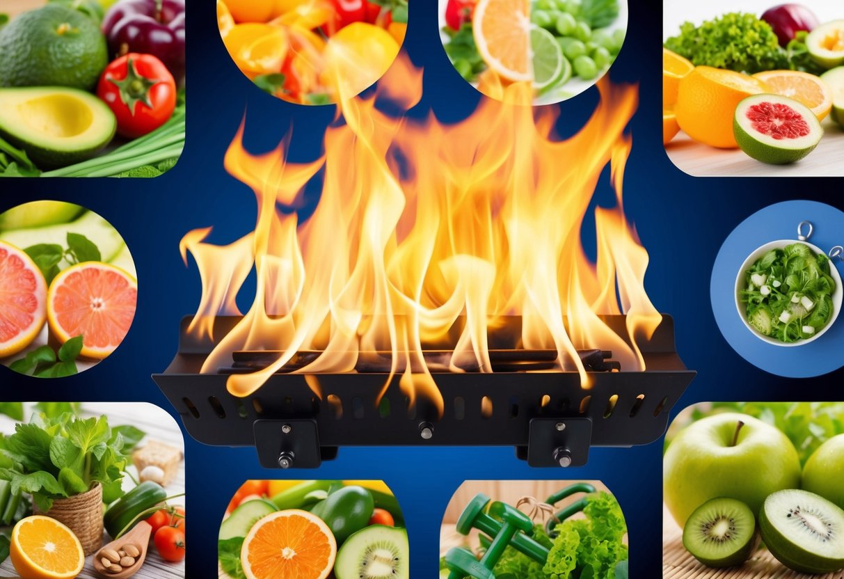 A vibrant, dynamic fire burning with bright, clean flames, surrounded by images of healthy, natural foods and exercise equipment