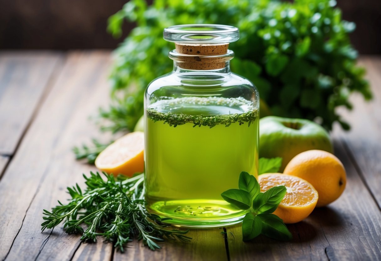 A clear glass bottle filled with green liquid surrounded by fresh herbs and fruits on a wooden table